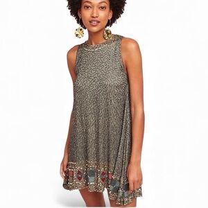 Anthropologie RAGA Hanna Beaded Moss Green Swing Dress Size M